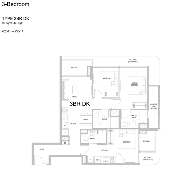 One Marina Gardens Type 3BR DK 3-bedroom floor plan, 969 sqft