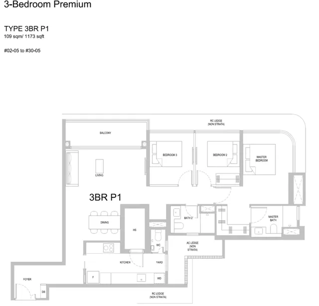 One Marina Gardens Type 3BR P1 3-bedroom premium floor plan, 1,173 sqft