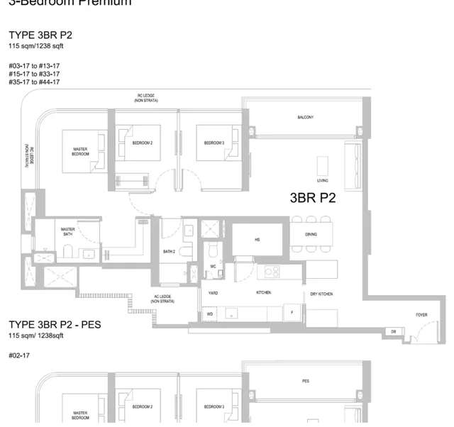 One Marina Gardens Type 3BR P2 3-bedroom premium floor plan, 1,238 sqft