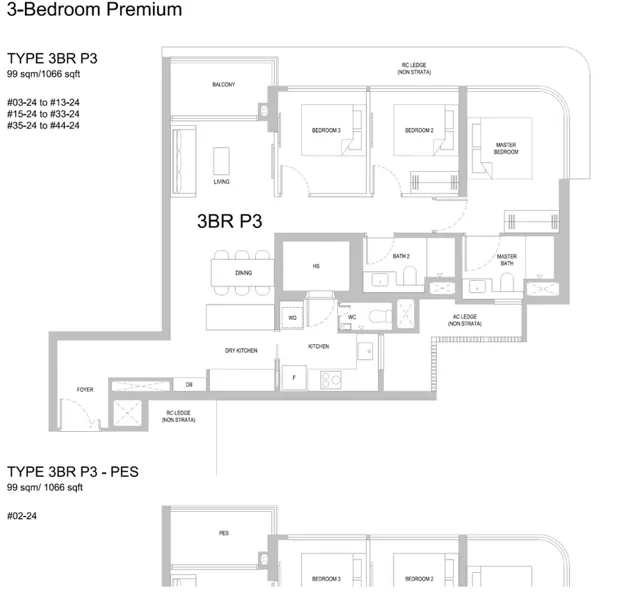 One Marina Gardens Type 3BR P3 3-bedroom premium floor plan, 1,066 sqft