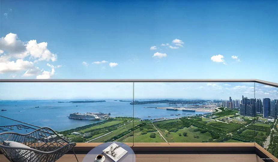 Balcony overlooking the Marina South greens, cruise terminal and Singapore Strait, artist's impression