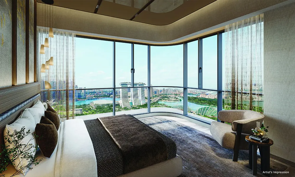 Master bedroom with a curved glass corner facing the bay, artist's impression