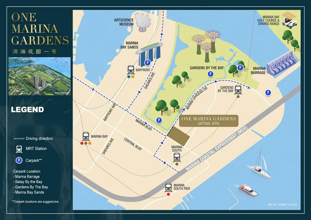 Location map of One Marina Gardens showing Gardens by the Bay, Marina Bay Sands, MRT stations, carparks and the sales gallery