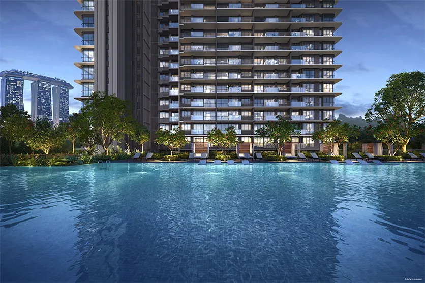 Pool deck with sun loungers and landscaping, artist's impression