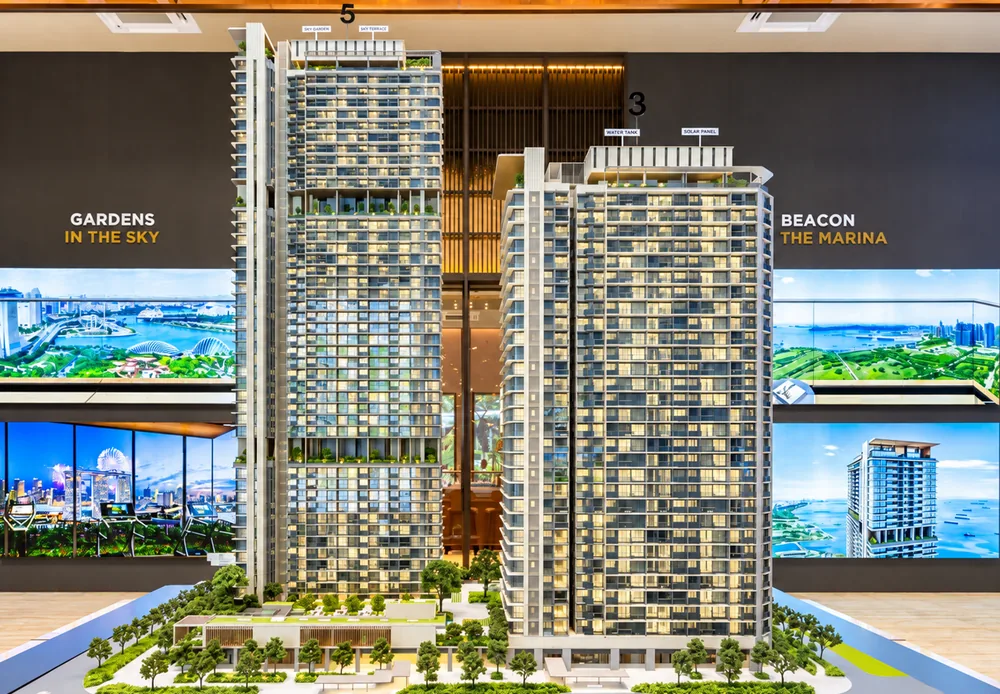 Scale model of One Marina Gardens Block 5 and Block 3 at the sales gallery
