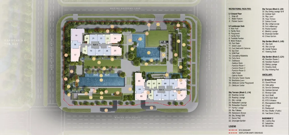 One Marina Gardens site plan showing Block 3, Block 5, pools, lawns and numbered facilities