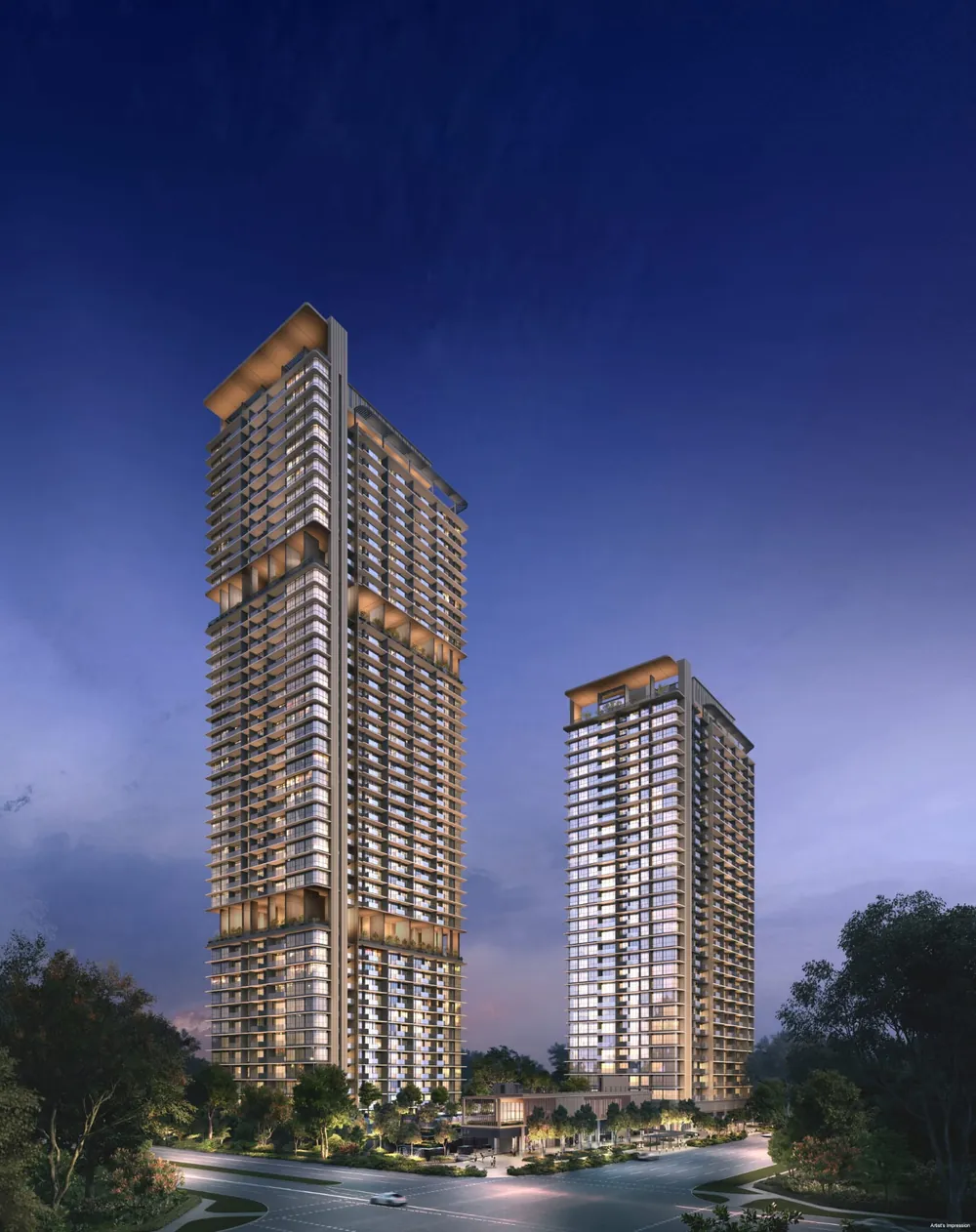 One Marina Gardens, Block 5 and Block 3 lit up in the evening, artist's impression